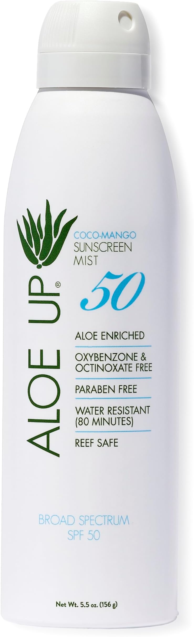 Aloe Up White Collection SPF 50 Sunscreen Spray Mist for Face & Body with Aloe Vera Gel, Water Resistant up to 80 Minutes, Reef Friendly, Non Greasy, Fast Absorbing, Coco Mango 5.5 oz