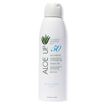 Aloe Up White Collection SPF 50 Sunscreen Spray Mist for Face & Body with Aloe Vera Gel, Water Resistant up to 80 Minutes, Non Greasy, Fast Absorbing, Coco Mango 5.5 oz