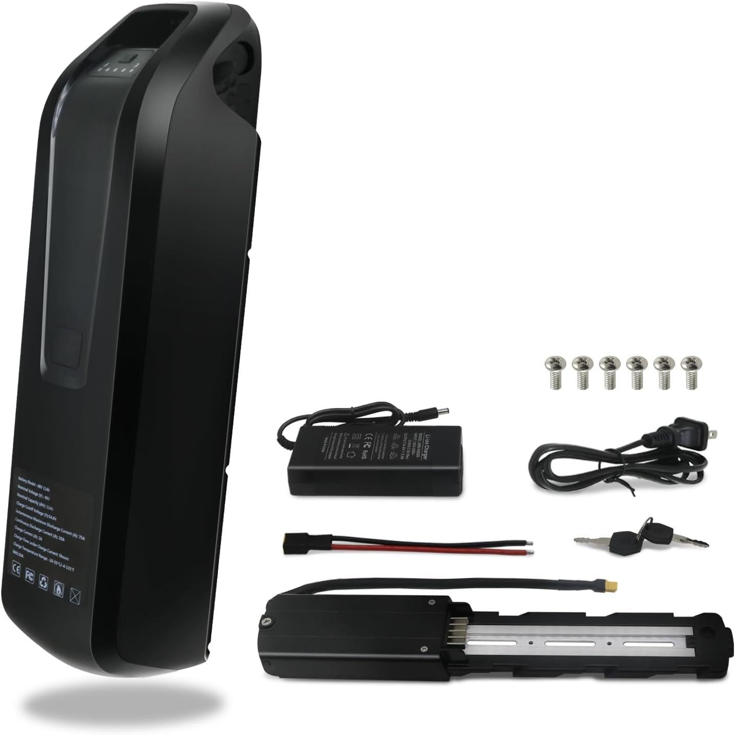 36V 48V Ebike Battery 11Ah 17Ah Electrical Bike Battery with 2A Quick Charger 30A BMS for 0-1400W Motor, USB Output, Secure Lock, Led Indicator Mild, with Base and Charger (48V 11AH)