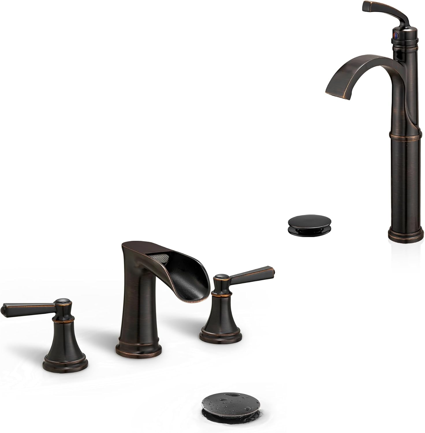 Brass 8 Inch Oil Rubbed Bronze Bathroom Faucet Waterfall Widespread Bathroom Faucets for Sink 3 Hole 2 Handle with Pop up Drain & Pre-Installed cUPC Water Hose for Vanity, 10 Mins Install