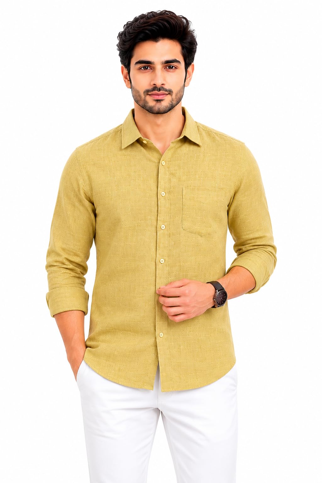 Men's Cotton Linen Shirt, Light Yellow Olive Green, Full Sleeves, Spread Collar, Chest Pocket, Casual Wear-picture-36