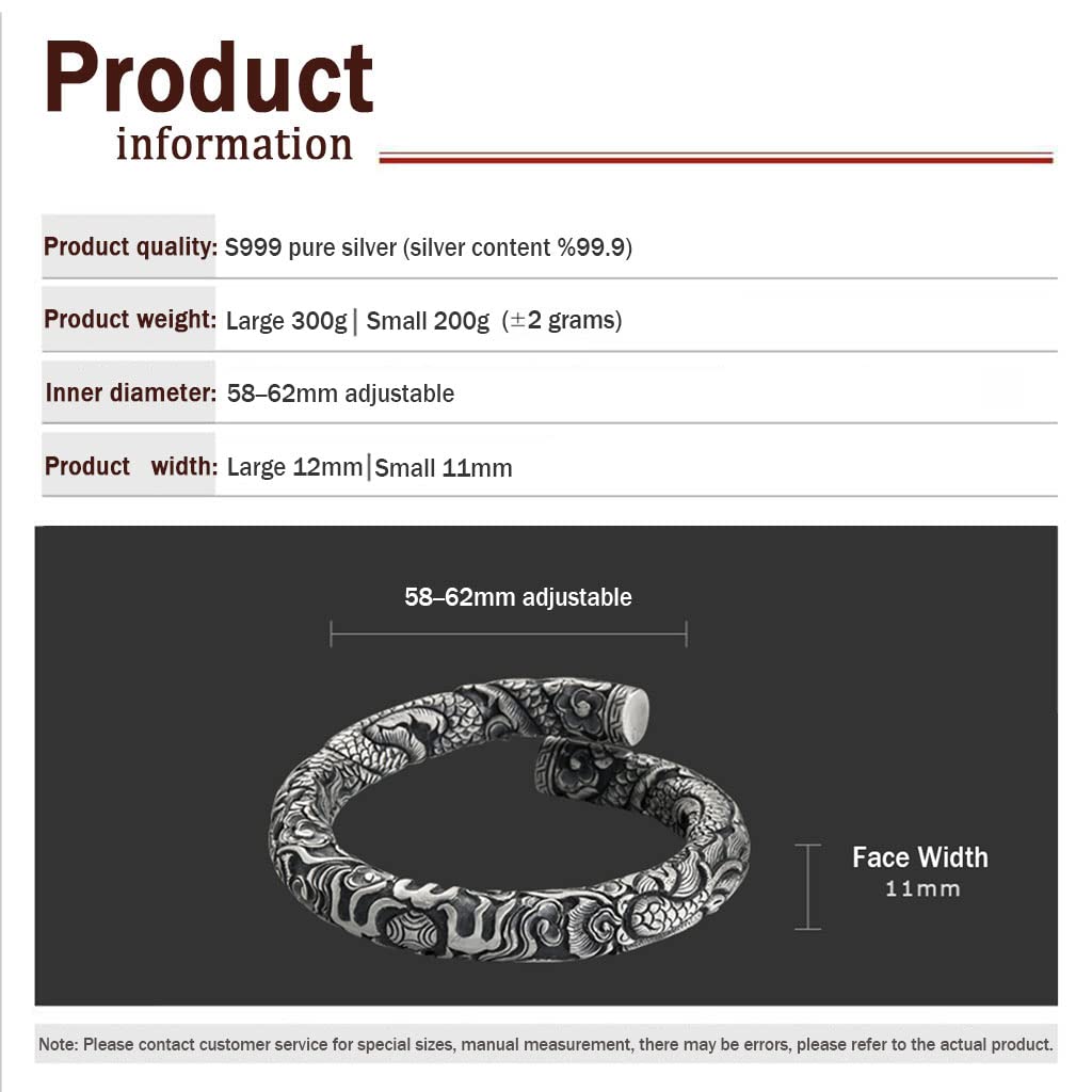 Viking Herren 999 Sterling Silber Armband, Handgemacht Nordisch Weinlese Drachen Totem Tattoo Drucken Manschette mit Offenem Armreif, Punk Gotisch Schmuck Geschenke