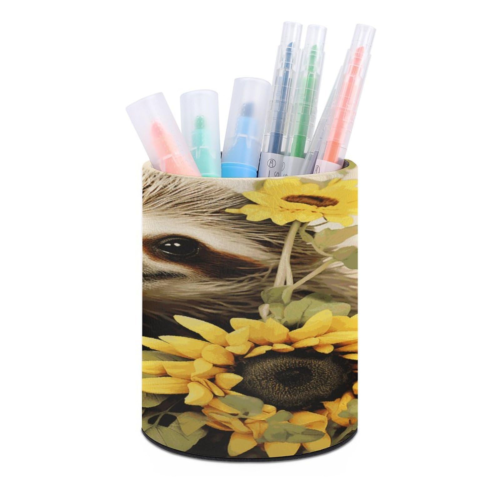 LDGSUPH Sloth Sunflower Round Pen Holder Leather Pen Cup Pencil Cup Pen Organizer Pencil Holder for Desk Organizer Pencil Organizers Makeup Brush Holders for Home Office Gift