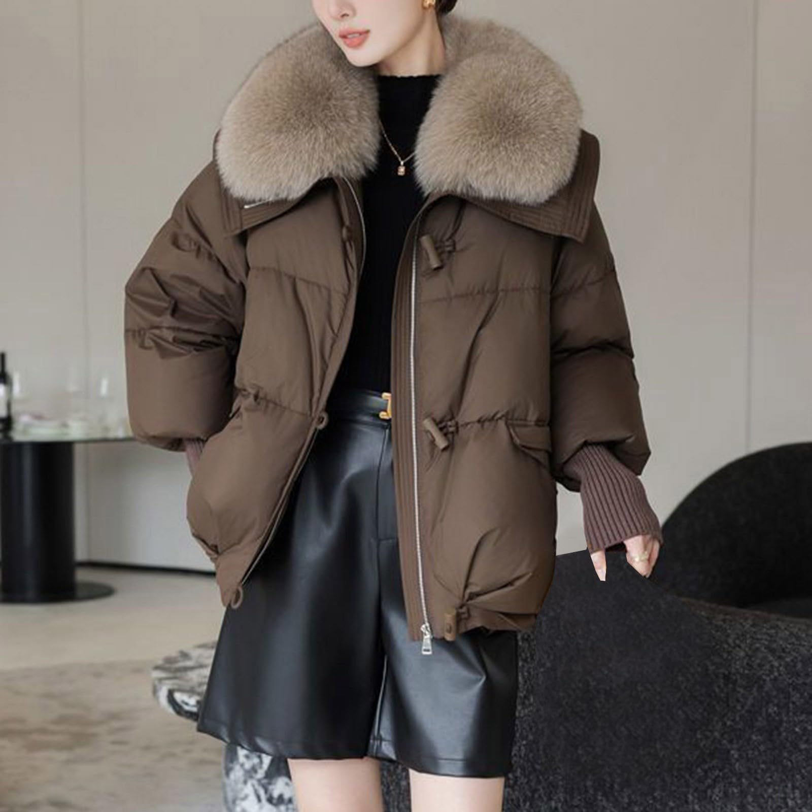 Veste thermique pour femme - Col bouffant - Parka ample - Chaude - Veste de neige épaisse - Poche zippée - Faux vêtement d'extérieur pour femme
