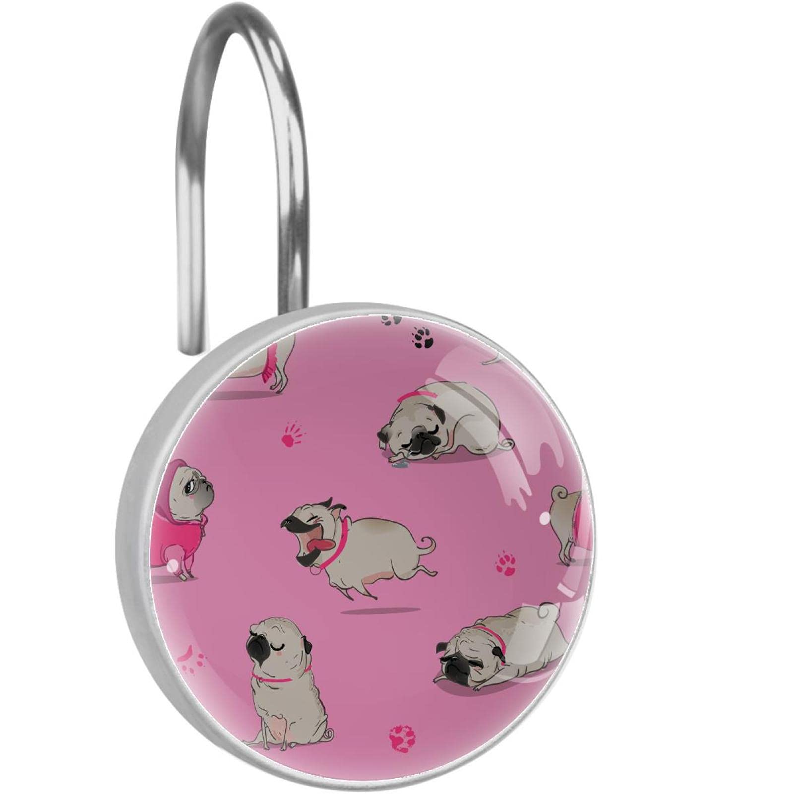 Crochets de rideau de douche chien carlin rose antirouille pour salle de bain