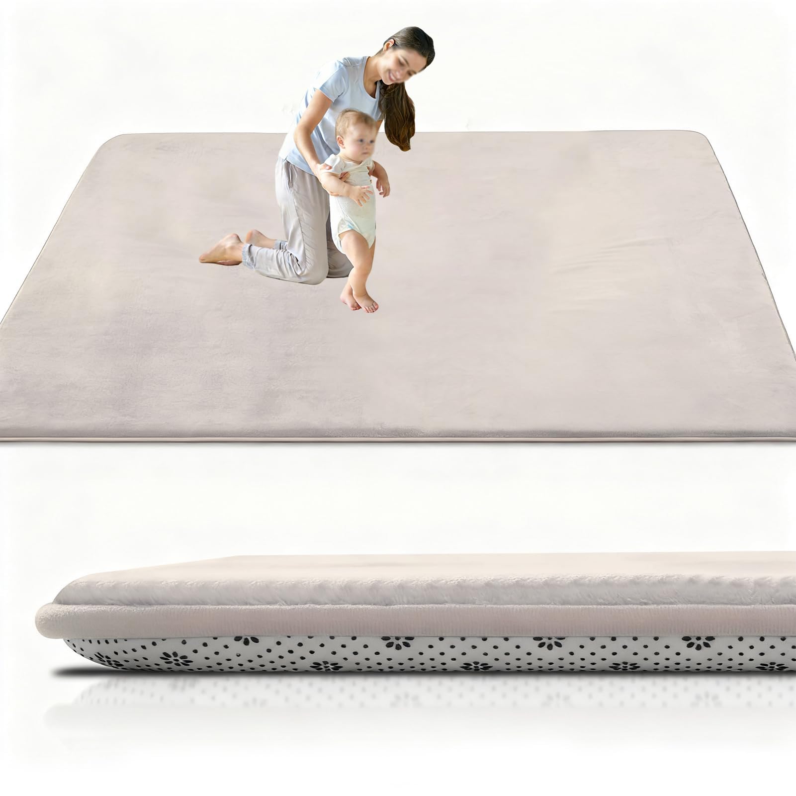 RxueSug Large Foldable Baby Play Mat 3cm 120 x 150 cm Cream, Extra Thick Non-Slip Foam Mat for Babies & Toddlers, Padded Tummy Time & Crawl Mat, Waterproof, Easy Clean