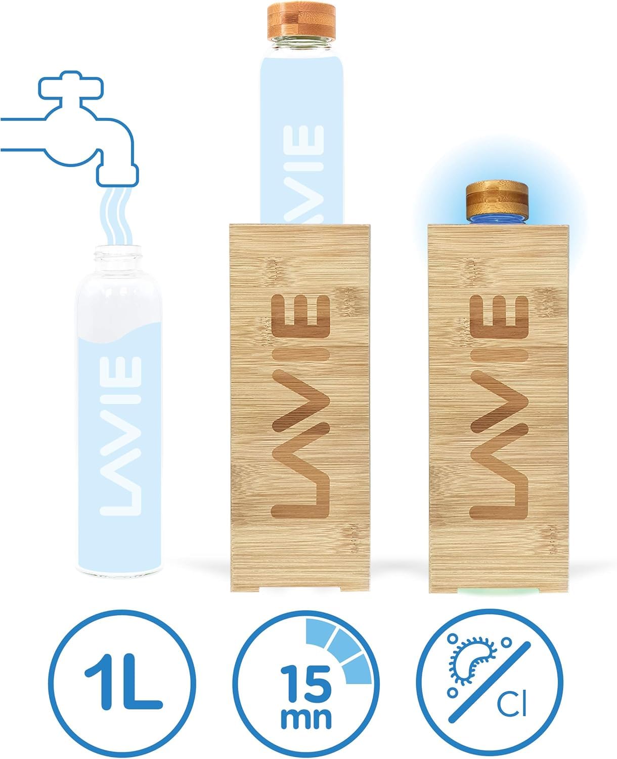 LaVie Premium - Purificateur d'eau Bambou Innovant à lumière UVA, sans Consommable. Transformez Votre Eau du Robinet en Eau Douce et Délicieuse en 15 MN - Pack 4 L