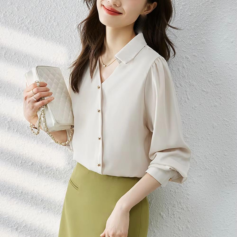 Women's Solid Long Sleeve Top Blouse Autumn Office Casual Simple White Shirt Korean Style Top