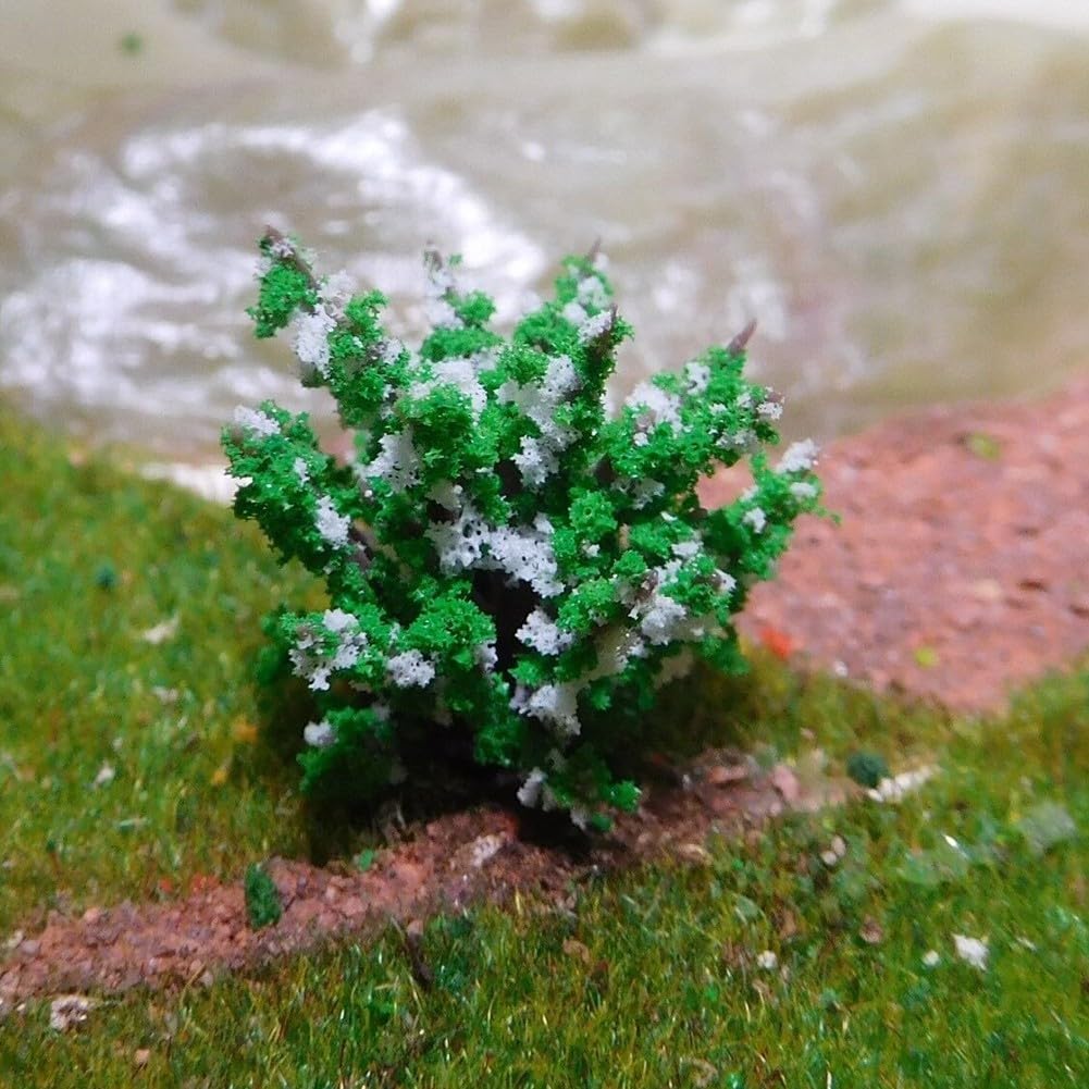 100 árboles de modelo, arbustos verdes en miniatura, flores blancas, 3 cm de alto, paisajismo al aire libre, decoración de paisajismo