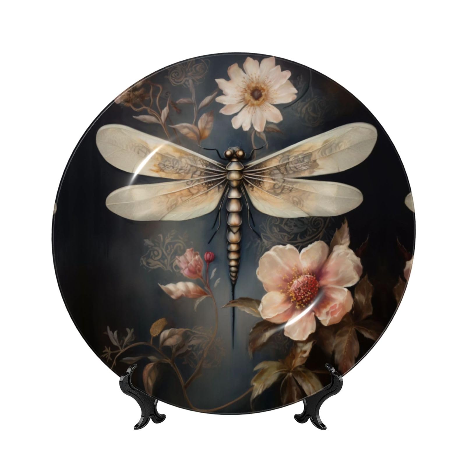 SXZVVBN Dragonfly on Peony Bone China Decorative Plate Art with Stand Removable Adhesive Hanging for Home Office 7in