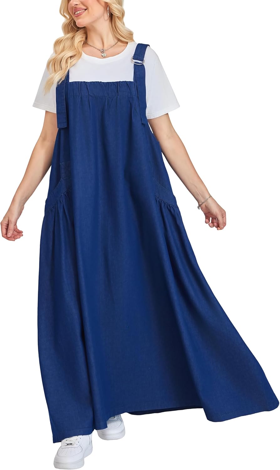 Denim Jumper Dress for Women Loose Version Baggy Style Maxi Length Adjustable Straps Wide Hemline