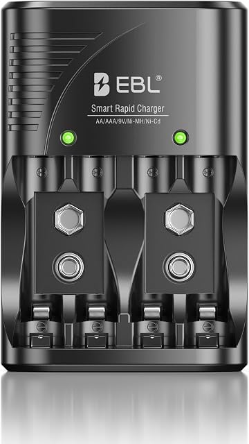EBL Smart Rapid Battery Charger for AA AAA 9V Rechargeable Batteries Ni-MH Ni-CD, 4 Bay Foldable Plug Charger