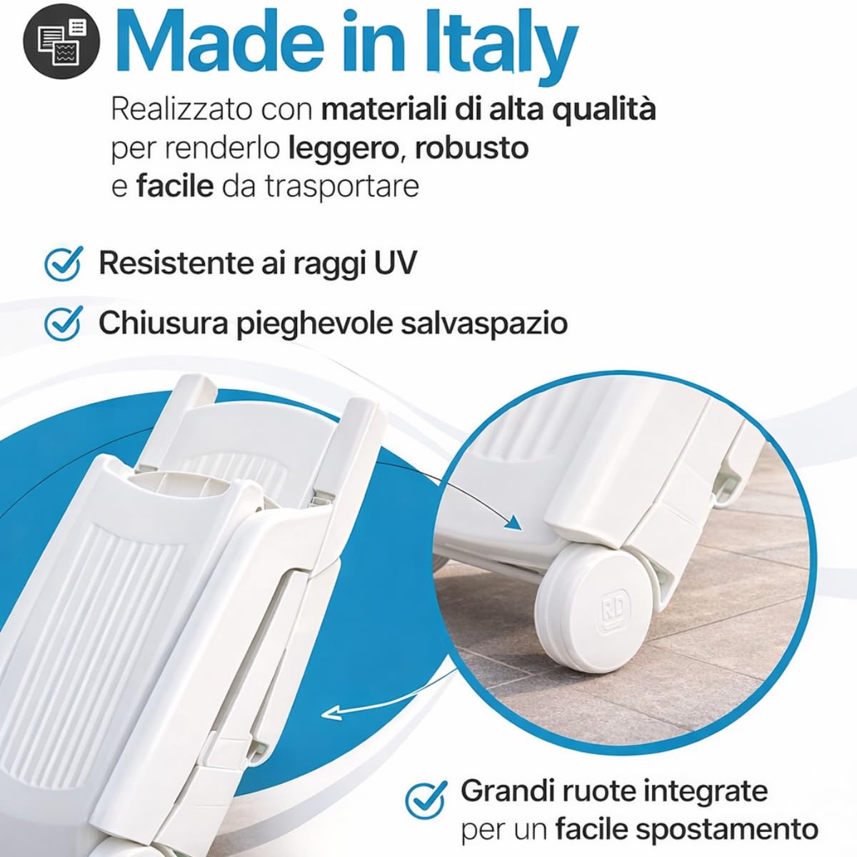 Tomaino - Lettino Prendisole in Plastica da Giardino - Schienale Reclinabile, Pieghevole con Ruote - Campeggio, Spiaggia, Piscina, per Esterno (Bianco)