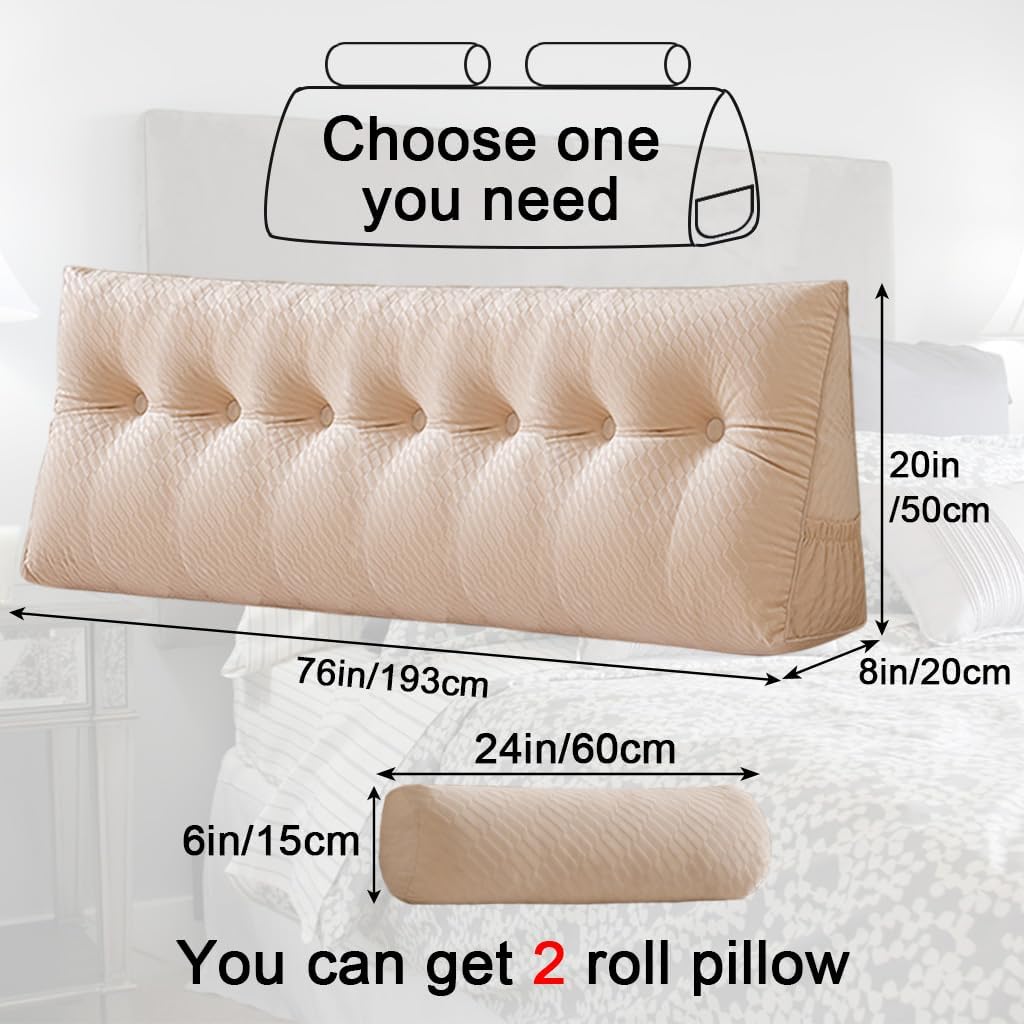 Velvet Triangular Headboard Wedge Pillow With Roll Pillow,Removable Cover Headboard Pillow Daybed Bunk Bed,Backrest Positioning Support Pillow Resting Reading Relaxing (Beige, King(76 * 20 * 8in))