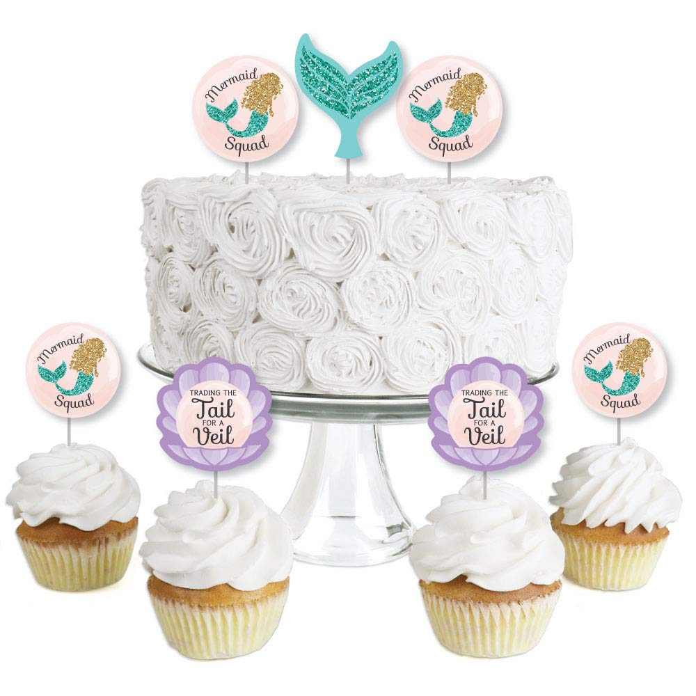 Trading The Tail For A Veil - Dessert Cupcake Toppers - Mermaid Bachelorette or Bridal Shower Clear Treat Picks - Set of 24