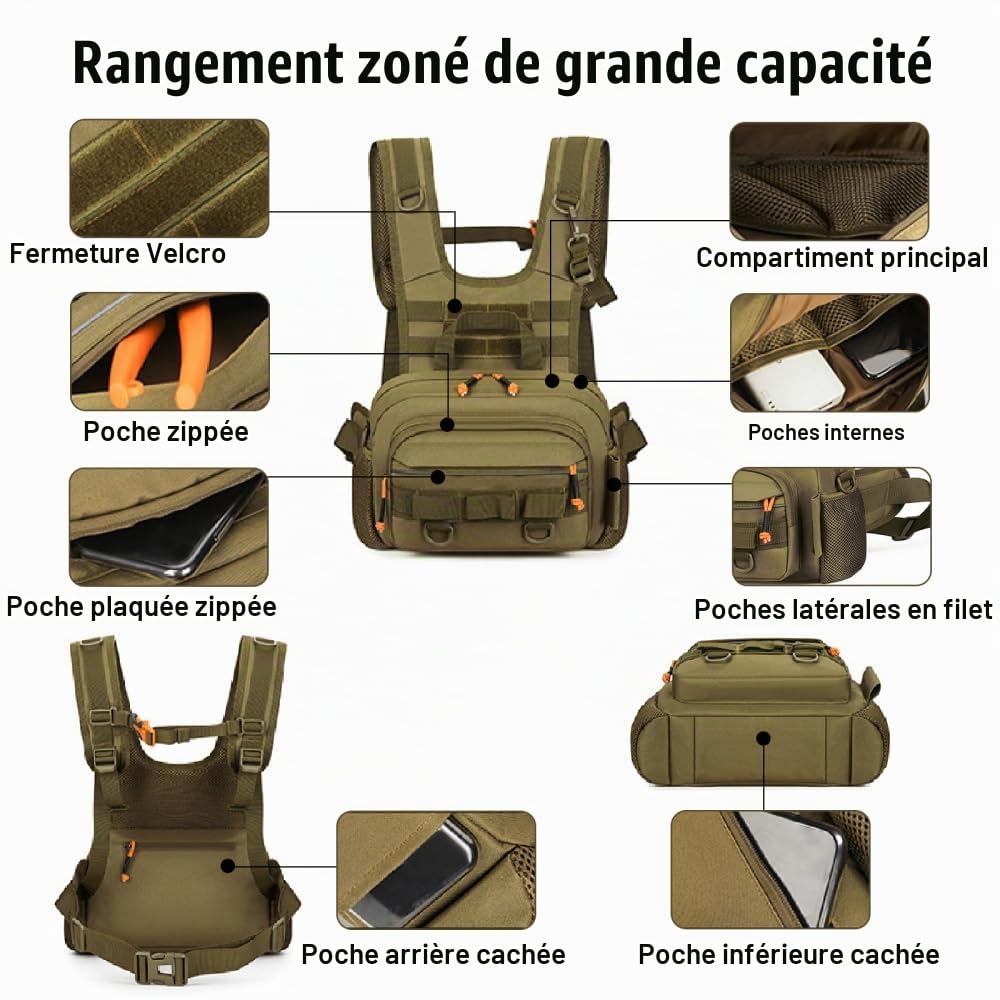 Sac de Poitrine Tactique, Sacoche de Pêche à la Mouche Étanche, Poche de Poisson Robuste avec Design Réfléchissant pour Pêche, Poisson, Chasse en Plein Air, Randonnée