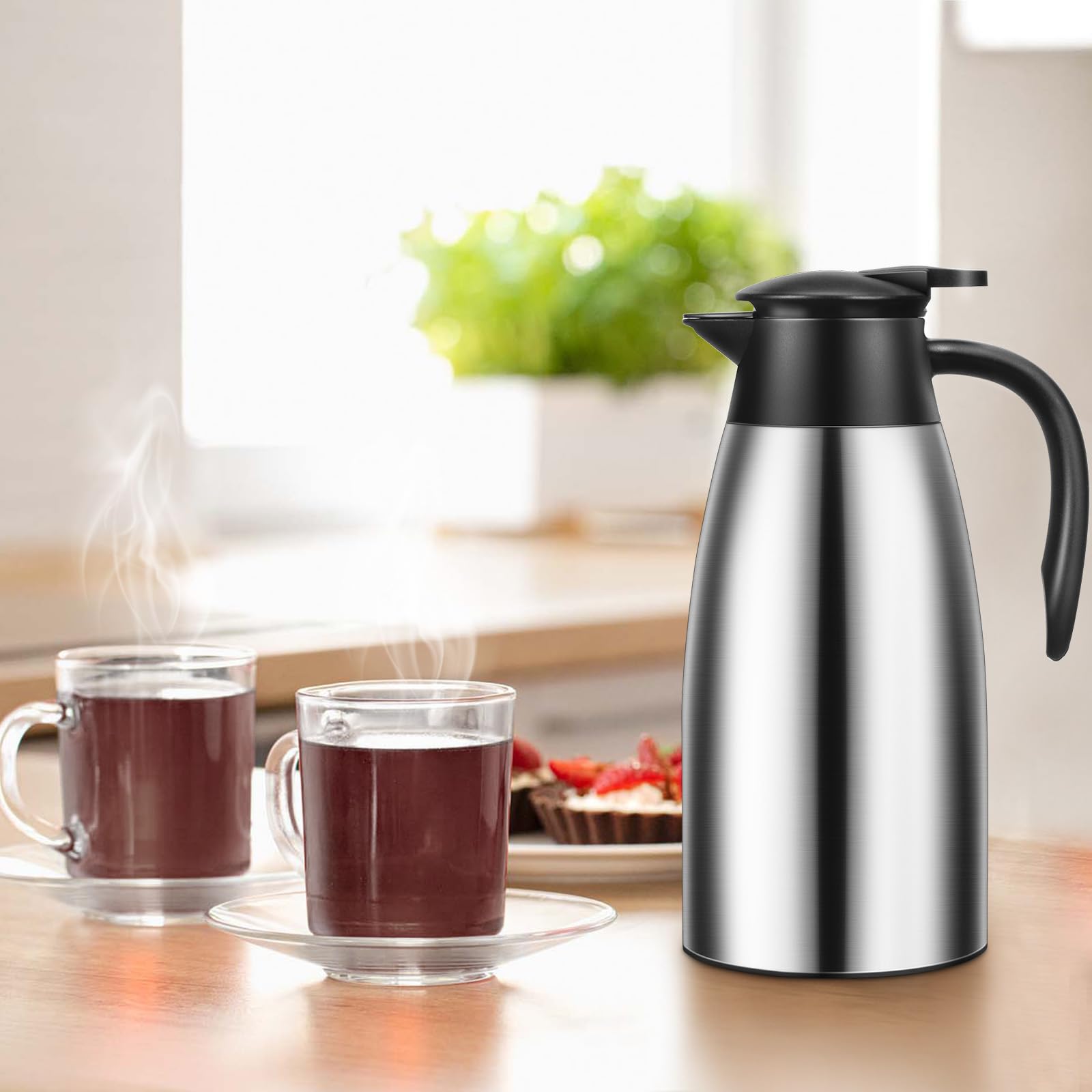 Jarra térmica de café de 68 onzas, jarra de café aislada de acero inoxidable de doble pared al vacío con cepillos, termo de café para mantener el té caliente en casa y la oficina (2 unidades,