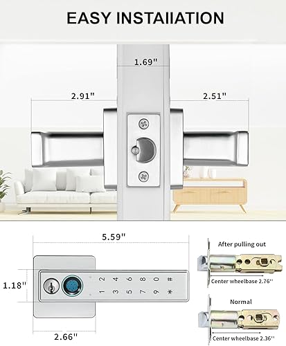 Miniatura 8 de Cerradura de puerta de huellas dactilares, perilla de puerta con teclado con asa, perilla de puerta inteligente plateada con código de acceso,