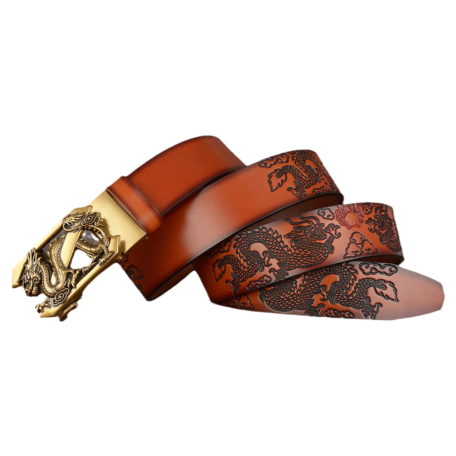 Cinturón De Diseño Con Trinquete Y Grabado Dragón For Hombre - Piel Auténtica, Hebilla Automática Dorada 3D, Deslizante Extraíble, 35 Mm Ancho, For Vestir Informal