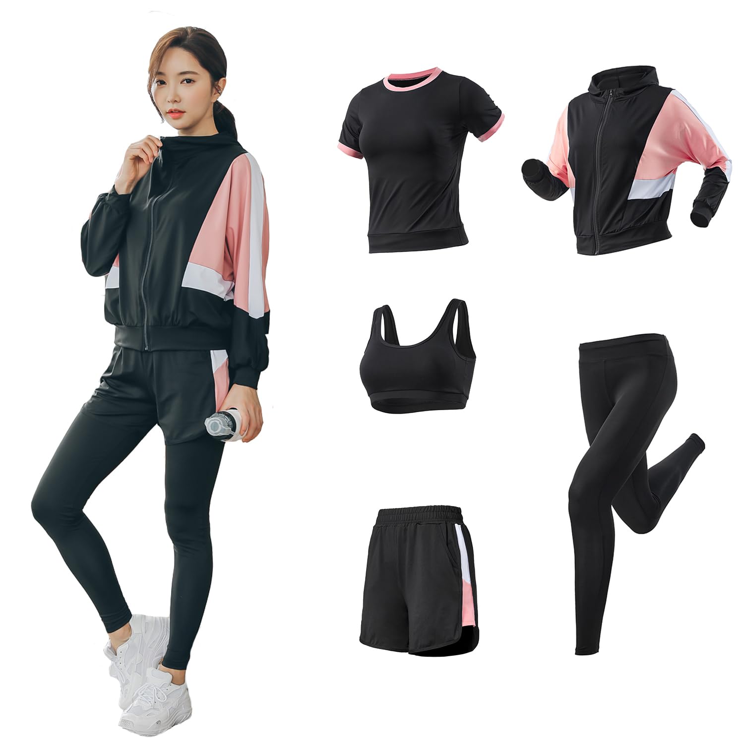 [DawnRain] スポーツウェア レディース ヨガウェア トレーニングウェア ランニングウェア 上下 5点セット 伸縮性 通気 吸汗速乾 フィットネス ジャージ スポーツブラ ロングタイツ パーカー 半袖 短パンツ 春夏秋冬
