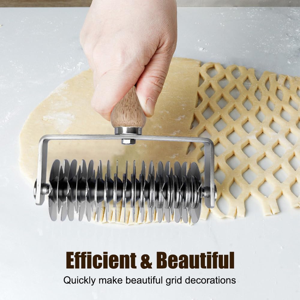 Pastry Lattice Cutter, Stainless Steel Dough Wheel Cutter Multifunctional Pastry Lattice Roller Cutter with Wood Handle for Bread Pizza Biscuits Cookies Chocolates Pies Cakes