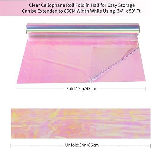 Miniatura 3 de Giiffu Rollo de celofán iridiscente de 34 pulgadas de ancho x 50 pies de largo, violonchelo colorido perfecto para cestas, regalos, regalos,