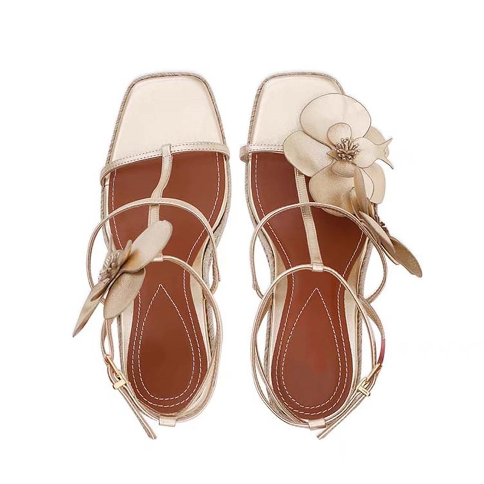 Sandalias de cuña punta cuadrada mujer diseño esparto plataforma suela gruesa detalle floral tira tobillo hebilla ajustable viaje vacaciones compras diarias