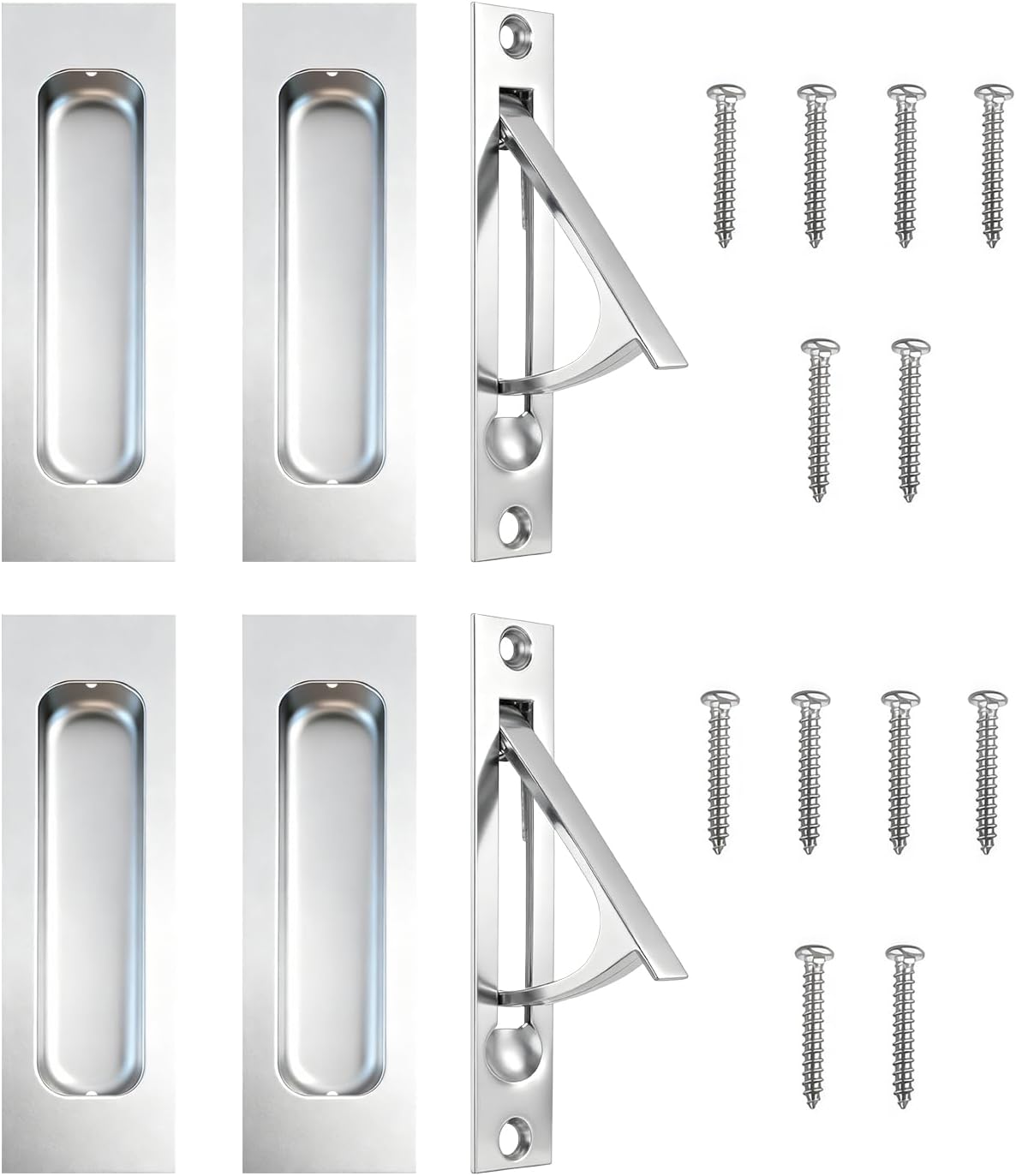 Lethato Brushed Silver Pocket Door Hardware Set, 4 Recessed Flush Finger Pull 2 Edge Pull, Stainless Steel Pocket Door Pull Rectangular Barn Door Hardware Door Handle - 2 Pack
