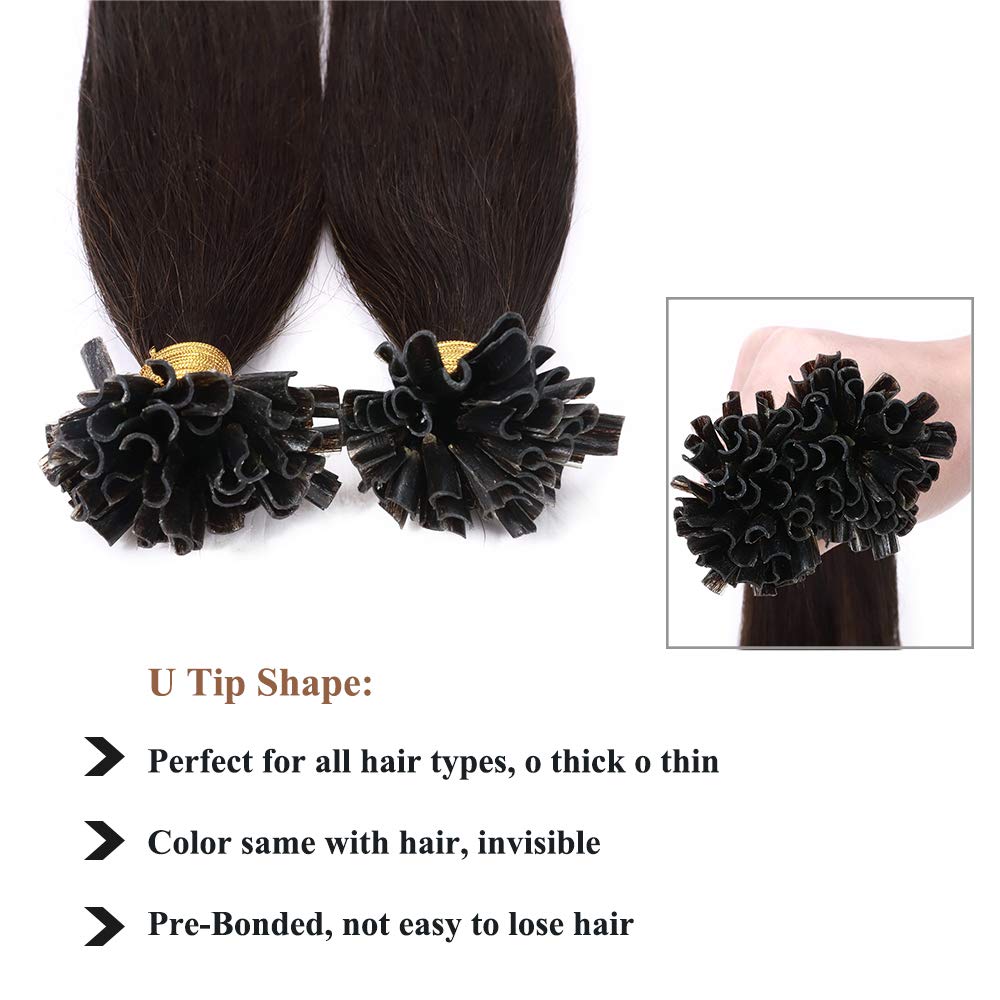 SEGO Extensions Echthaar Bondings Keratin U-Tip Remy Human Hair Haarverlängerung 50 Strähnen Dunkelbraun#2 24"(61cm)-50g