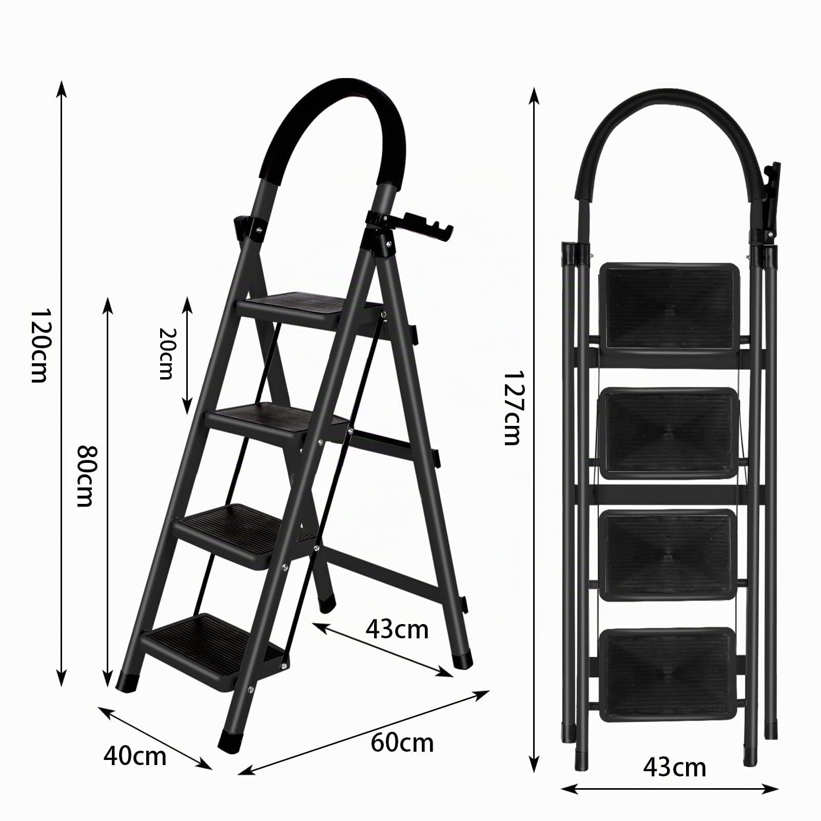 Escabeau Pliable en Acier, Marchepied Antidérapant 4 Marches, Escabeau Stable et Compact pour Maison, Cuisine et Bureau(Noir)