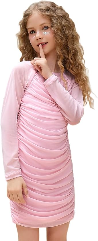 Perfashion Girls Bodycon Dress Teen Mesh Long Sleeve Formal Homecoming Ruched Tight Pencil Dresses Fancy Party 4-13Y