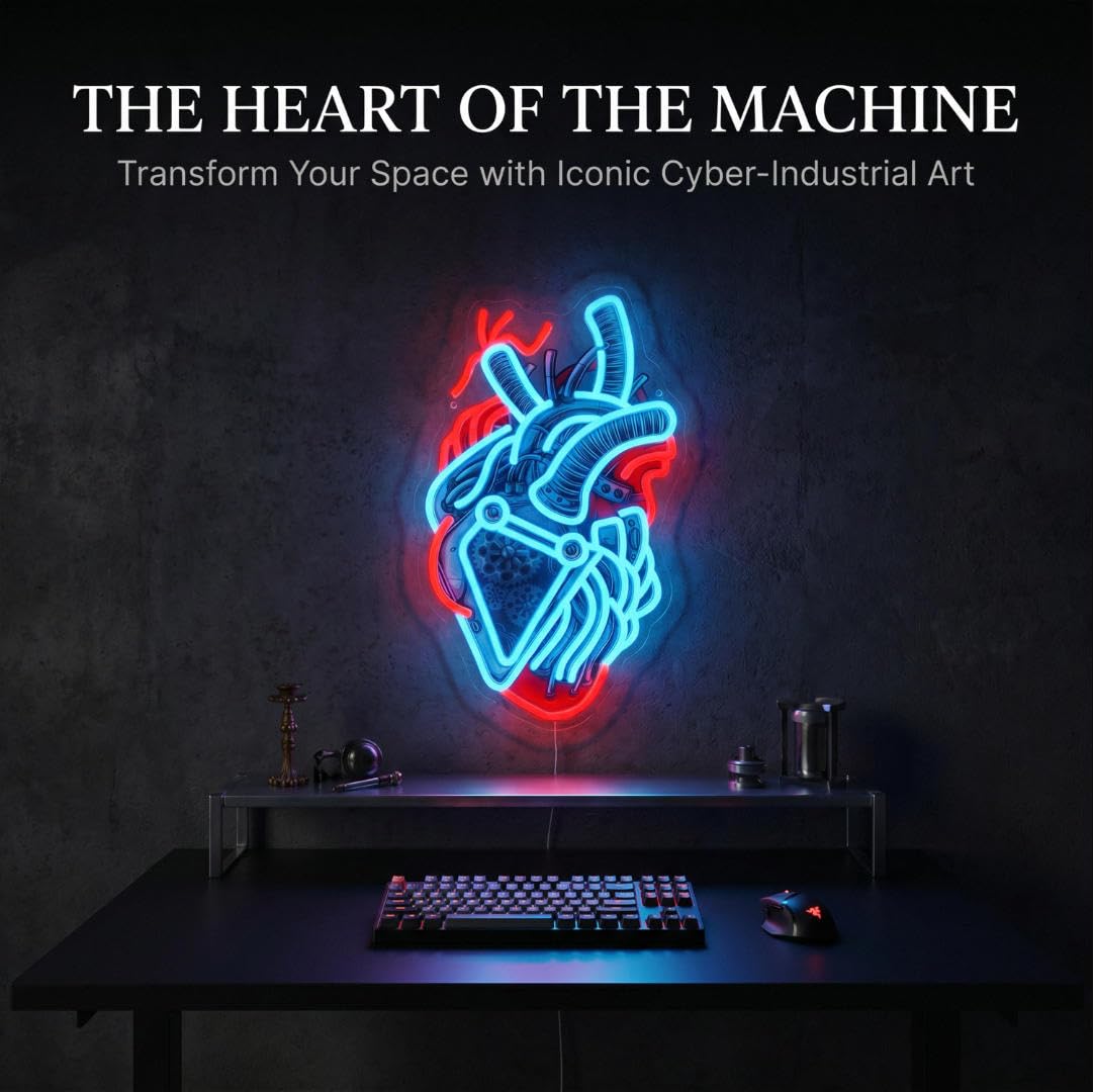 Cyberpunk - Insegna al neon a LED a forma di cuore meccanico, dimmerabile per sala giochi, insegna a LED per camera da letto, camera da letto, stanza dei ragazzi, 25 x 40,79 cm