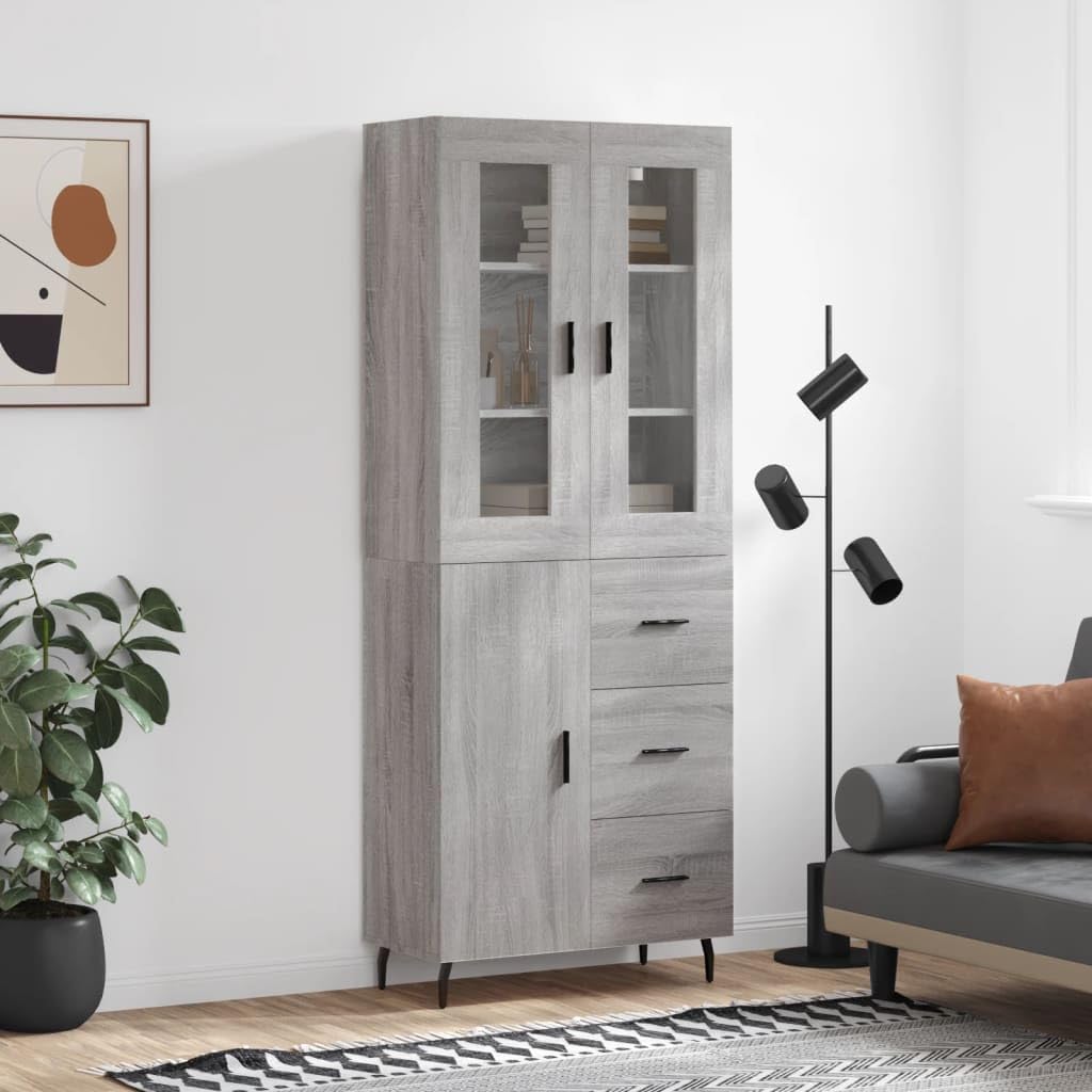 Witrynka szary dąb sonoma 69,5x34x180cm materiał drewnopochodny wysoka szafka z przeszklonymi drzwiami do salonu jadalni przestronna witryna z metalowymi nogami stabilna