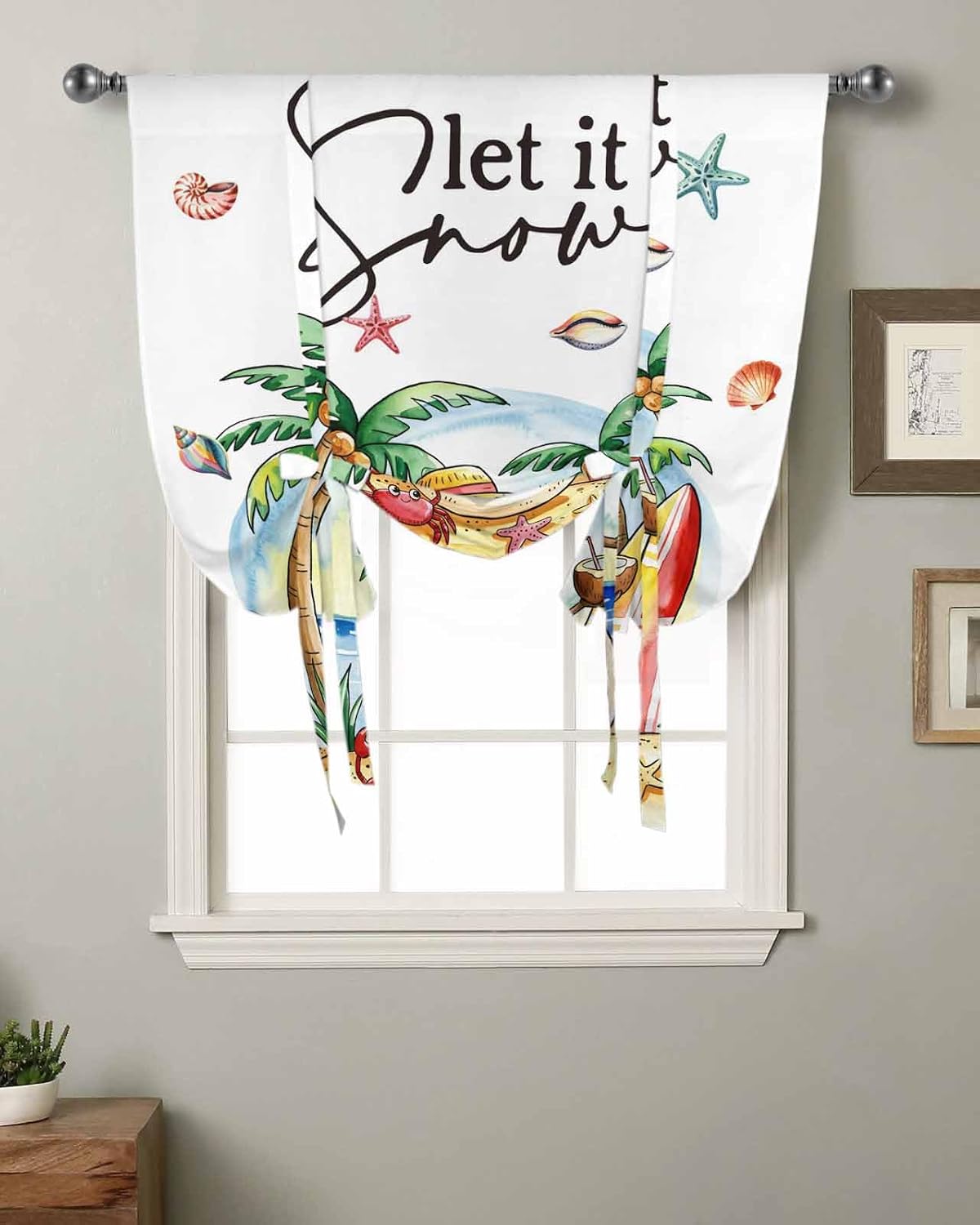 Tie Up Curtains for Windows, Christmas Snowman Kitchen Curtain Adjustable Balloon Window Shades, Winter Coastal Beach Plam Tree on Linen Valance Curtains for Living Room/Bedroom/Cafe 46"x63"