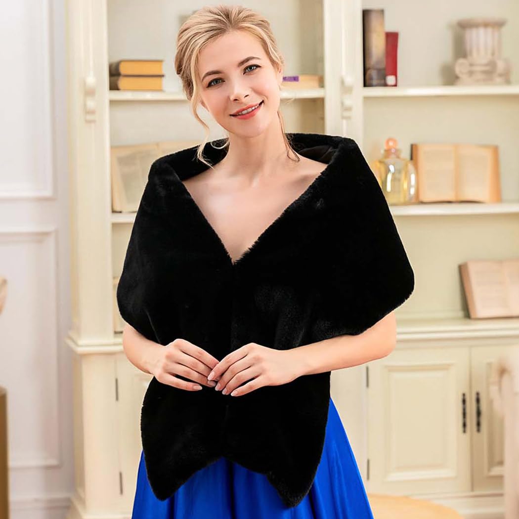 Ursumy Wedding Shawl Faux Fur Wraps Bridal Fur Stole Fur Scarf with Rhinestones Brooch for Bride and Bridesmaids (Beige) - Image 2