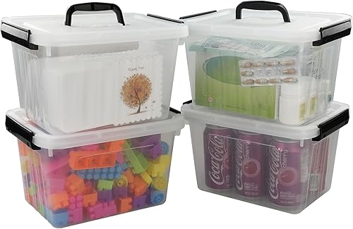 Kekow Caja de almacenamiento transparente de 6 L, caja de plástico con mango negro, paquete de 4