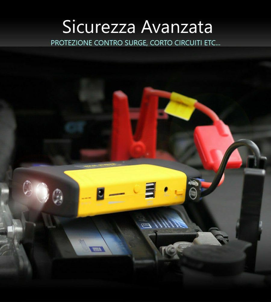 Avviatore Batteria Auto 600A Portatile Jump Starter Avviatore di Emergenza 16800 mAh Motori Fino a 5L Benzina 3L Diesel 12V Booster Avviamento Auto con Torcia LED Doppia USB con Accessori
