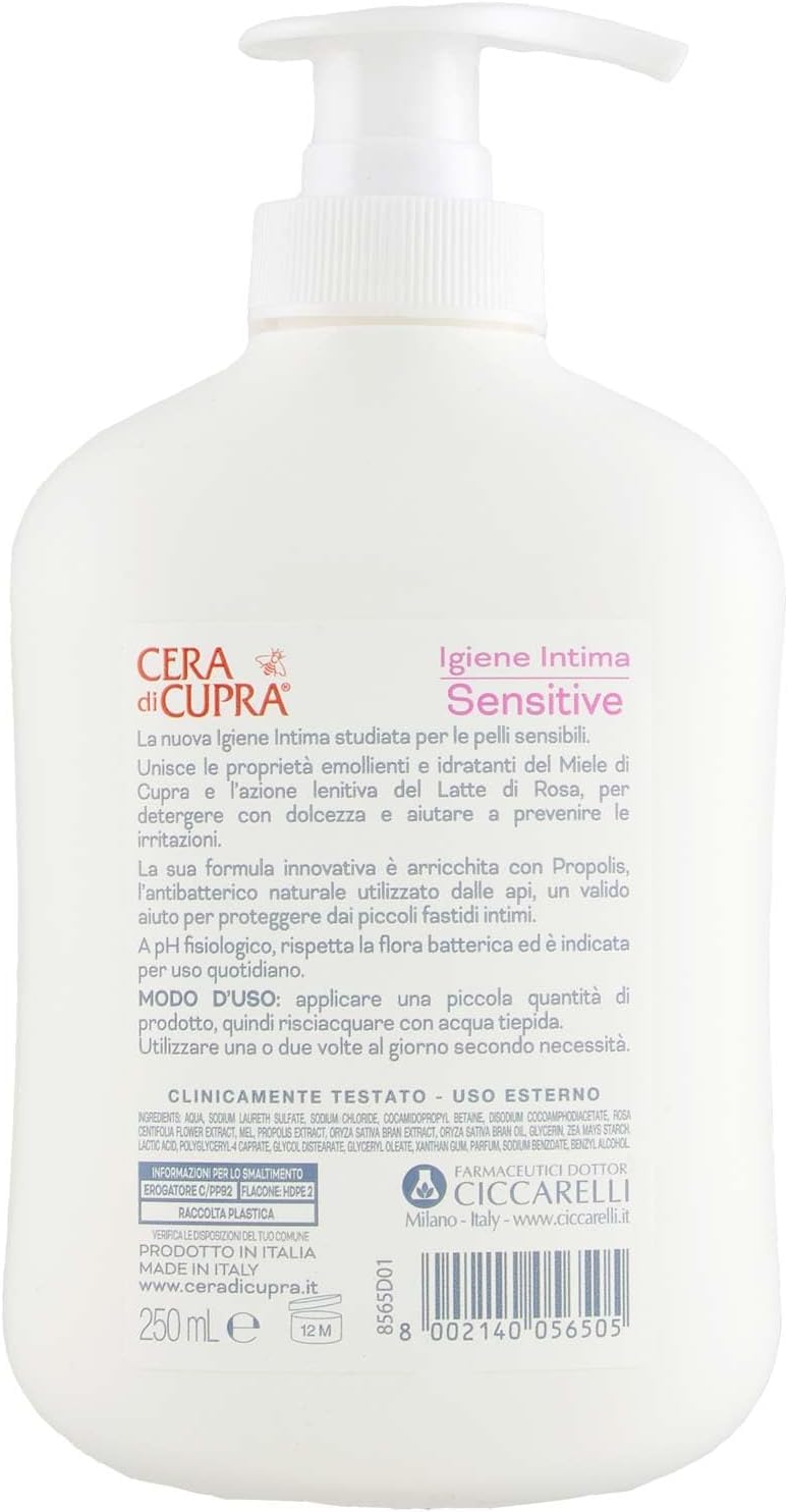 Cera di Cupra Igiene Intima Sensitive, lozione per lavaggio intimo, pH 5.5, con miele e latte di rosa, 250 ml, confezione da 12, + Italy shop portachiavi gratuito