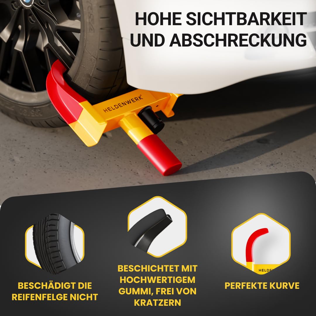 HELDENWERK® Parkkralle Radkralle mit Hochsicherheitsschloss & 3 Schlüsseln - für Anhänger, Wohnmobil, Wohnwagen, Auto - PKW Reifenkralle, Autokralle, Rad-Kralle für 18-30cm Reifenbreite (Gelb/Rot)