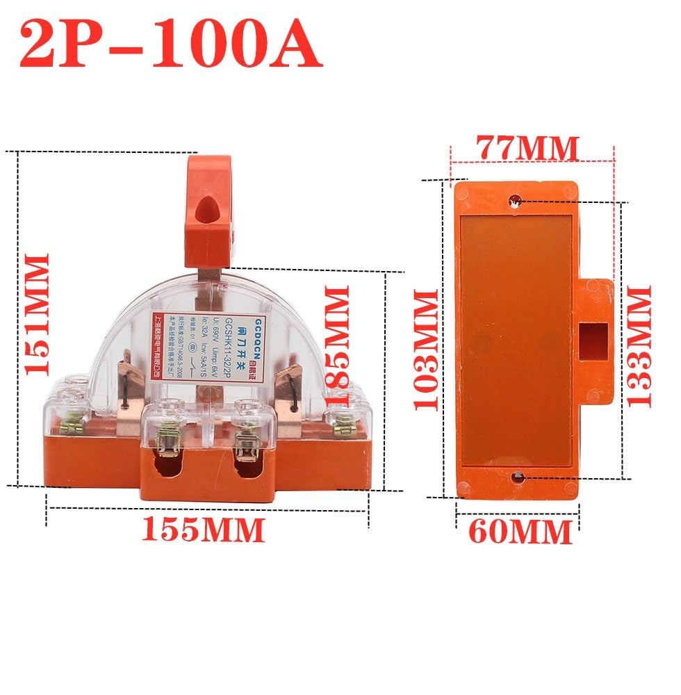 EAMOM 1PSC /32A/63A/100A 2P Transparent with lamp Two Pole Double Throw Knife Disconnect Switch(Transparent 2P 100A)