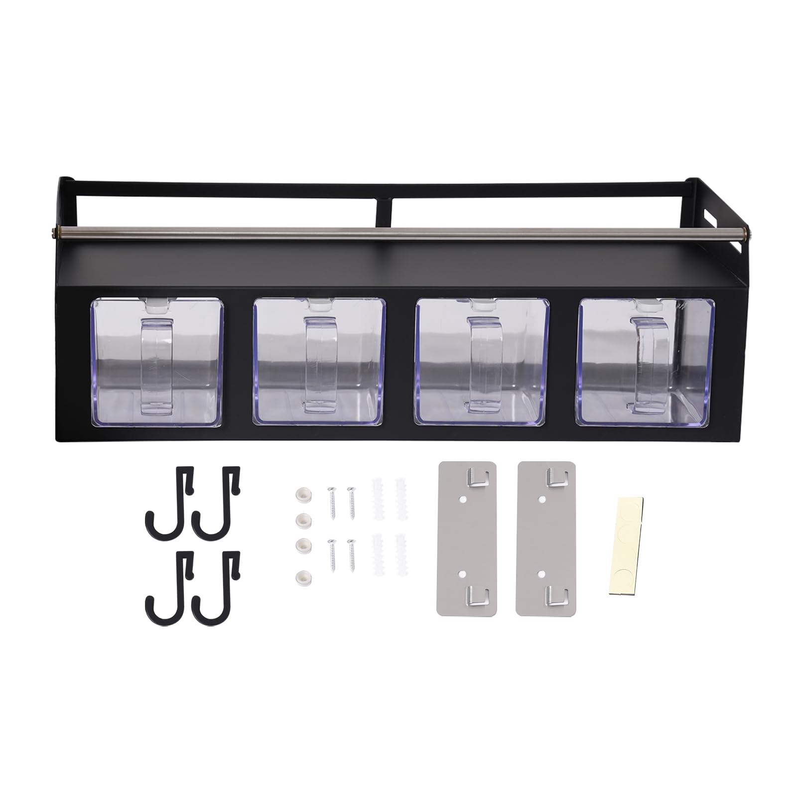 Scaffale portaspezie da parete, 39,5 x 13,5 x 13 cm, con 4 ganci, porta utensili da cucina, per cucina e bagno (nero)