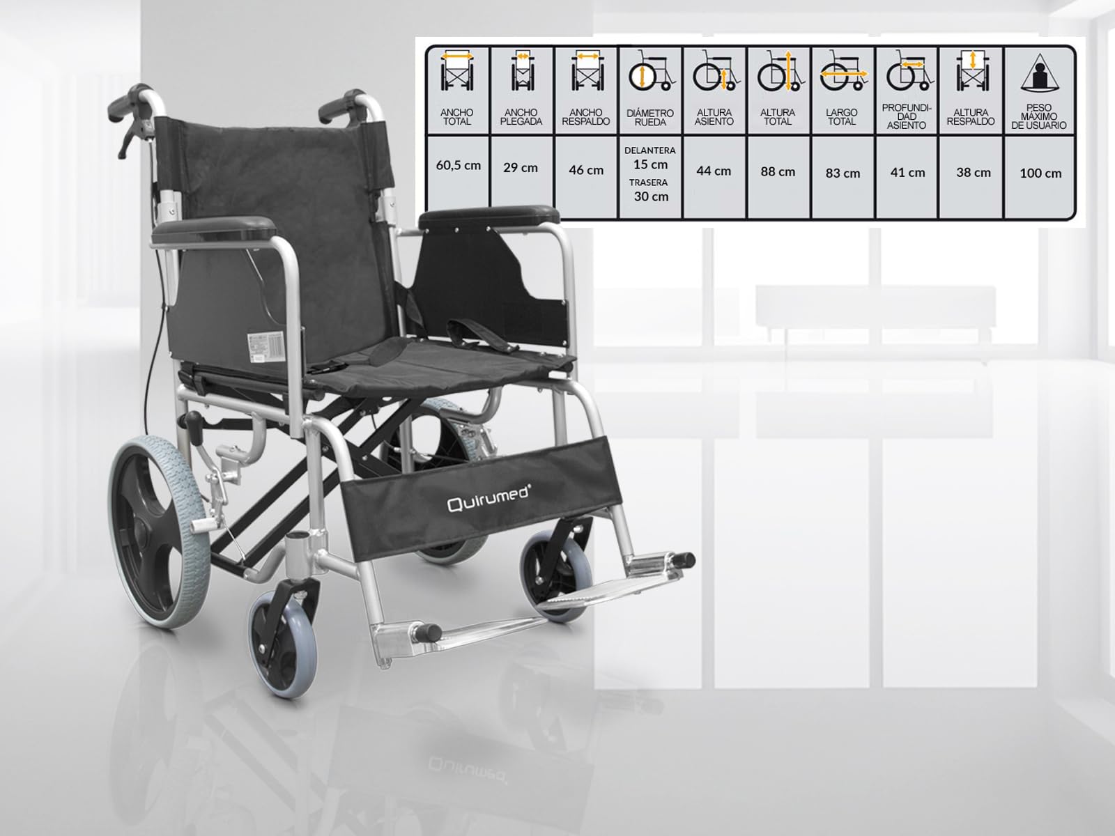 QUIRUMED Silla de ruedas de aluminio para viajes, Asiento 46 cm, Silla de ruedas de tránsito, para traslado, Plegable, Ligera, Cinturón de seguridad, Reposapiés abatibles