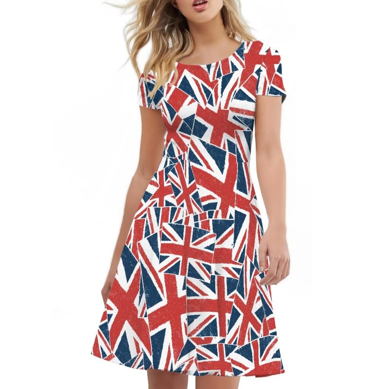 Image of Irisjudy T Shirt Dress for Women Short Sleeve Girls Short Sleeve Dress Plus Size, O Neck Knee Length Midi Dress for Ladies