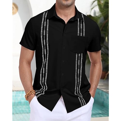 Mens Short Sleeve Cuban Camp Shirt Casual Summer Beach Button Down Shirts Guayabera Tops
