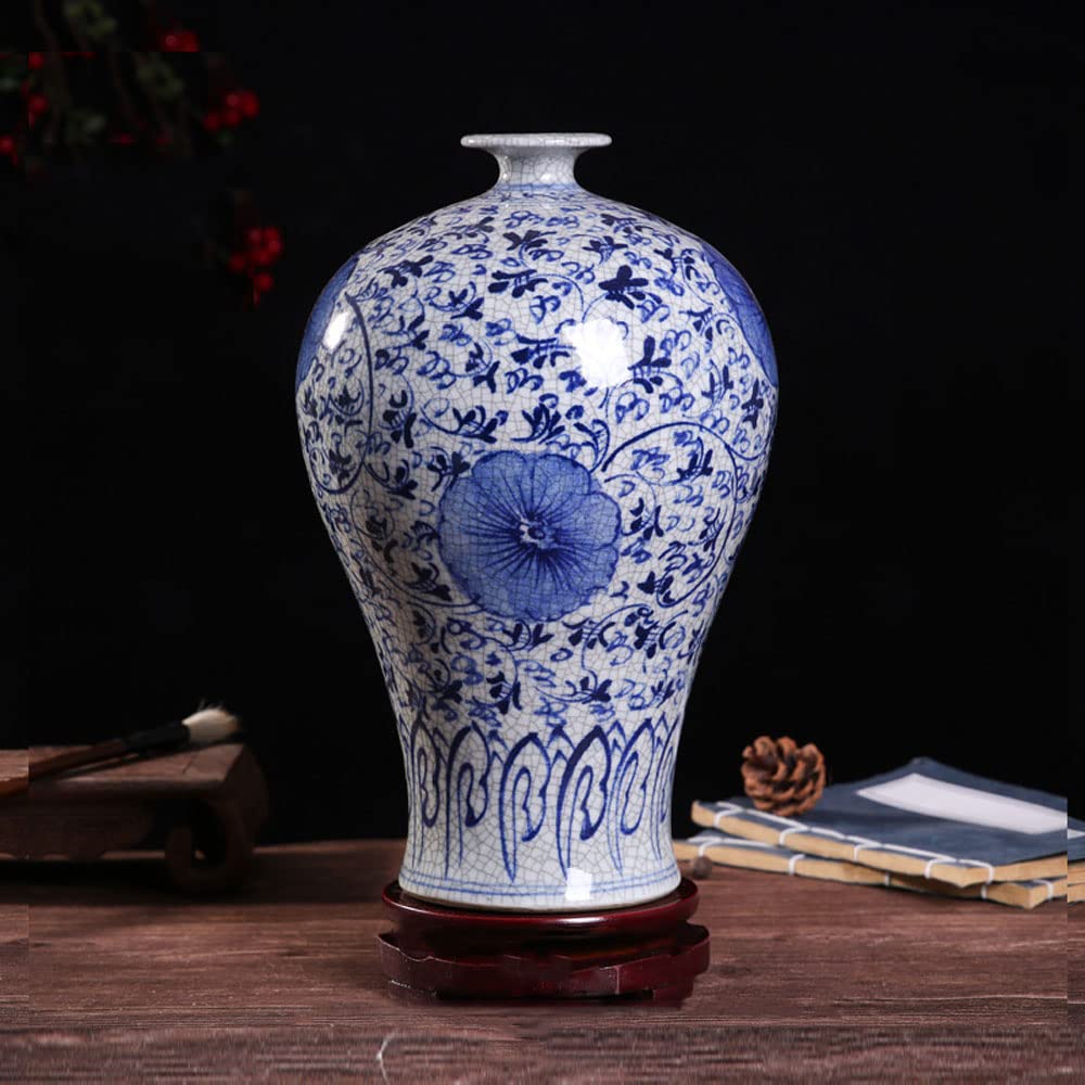asdchZen Blue & White Porcelain Vases Ceramic Vase Hand-Painted Underglaze Color Antique Crack Glaze Blue And White Porcelain Vase Living Room Chinese Ornaments Rustic Home Decor Ceram,E