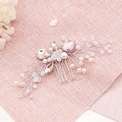 Teyglen Dainty Pink Crystal Rhinestones Bride Wedding Hair Comb Bridal Rose Gold Pearl Beads Side Hair Combs Simple Headpieces Hair Accessories For Women Bride Girls #TOP4