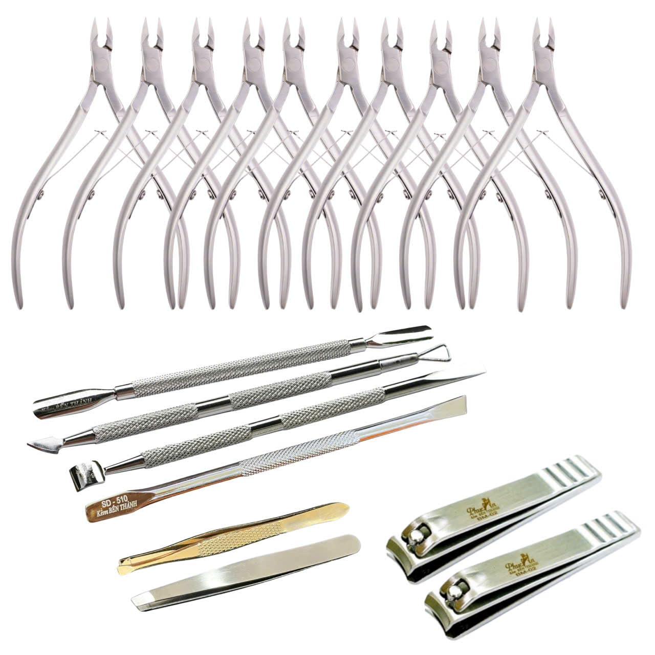 Ben Thanh Nipper Professional Manicure Tool Set – 10× KD-07 Stainless Steel Cuticle Nippers, SD507 / SD510 / SD516 / SD518 Cuticle Pushers, 2× BM02 Curved Nail Clippers, Tweezers 405 & 408