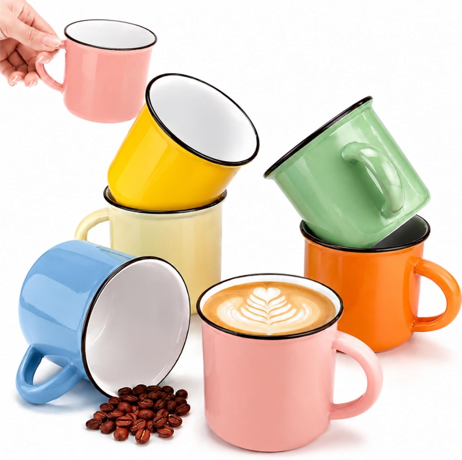 6 Pcs Mini Ceramic Espresso Cups, 5 oz Small Coffee Mugs with Handle, Demitasse Cups for Tea Latte Cappuccino, Ideal Holiday Gift, Suit for Home Kitchen, Microwave & Dishwasher Safe, 6 Colors