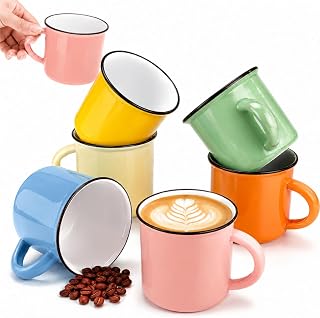 6 Pcs Mini Ceramic Espresso Cups, 5 oz Small Coffee Mugs with Handle, Demitasse Cups for Tea Latte Cappuccino, Ideal Holiday Gift, Suit for Home Kitchen, Microwave & Dishwasher Safe, 6 Colors