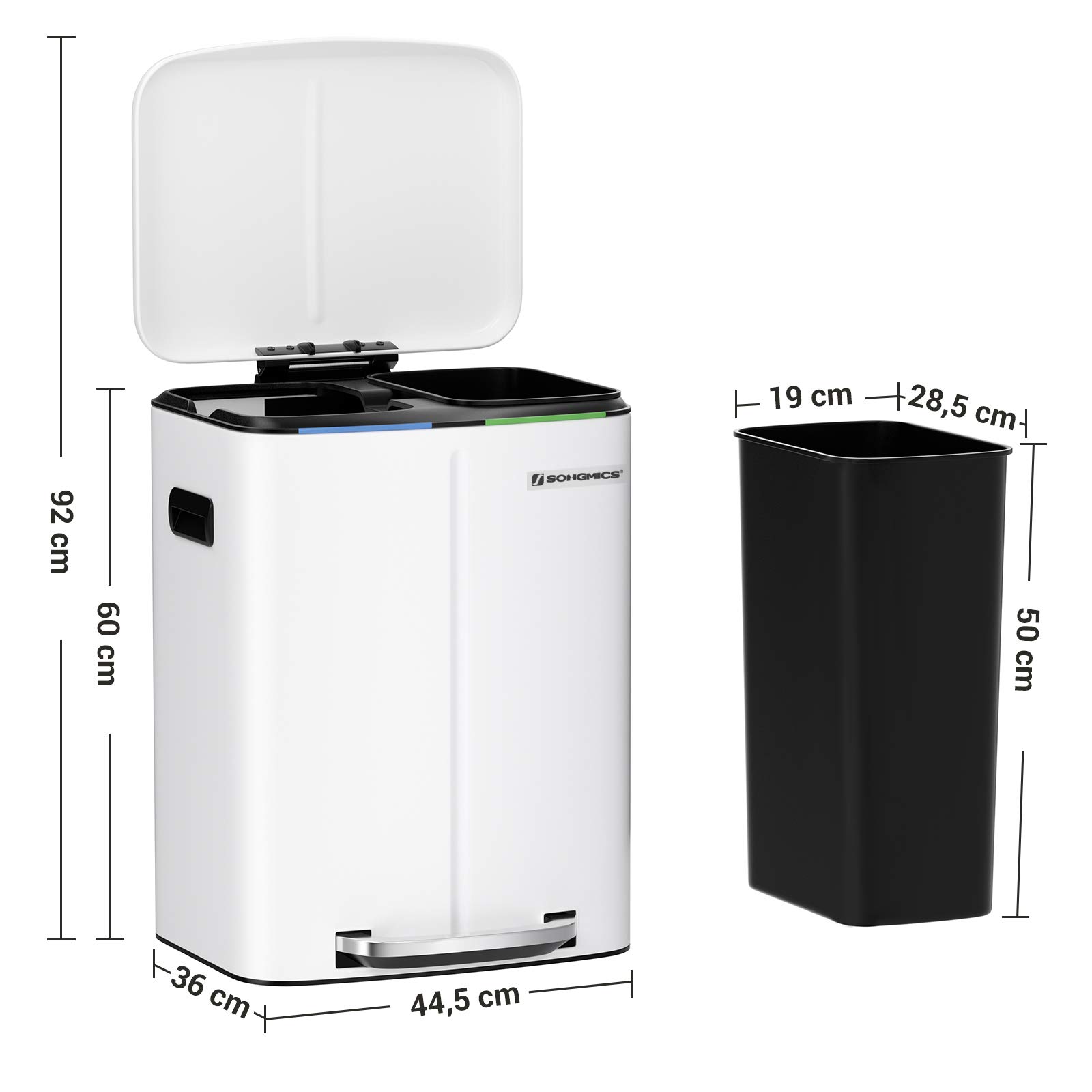 Buy SONGMICS Dual Rubbish Bin, 2 x 20L Trash Can, Metal Step Bin, with Dual Compartments